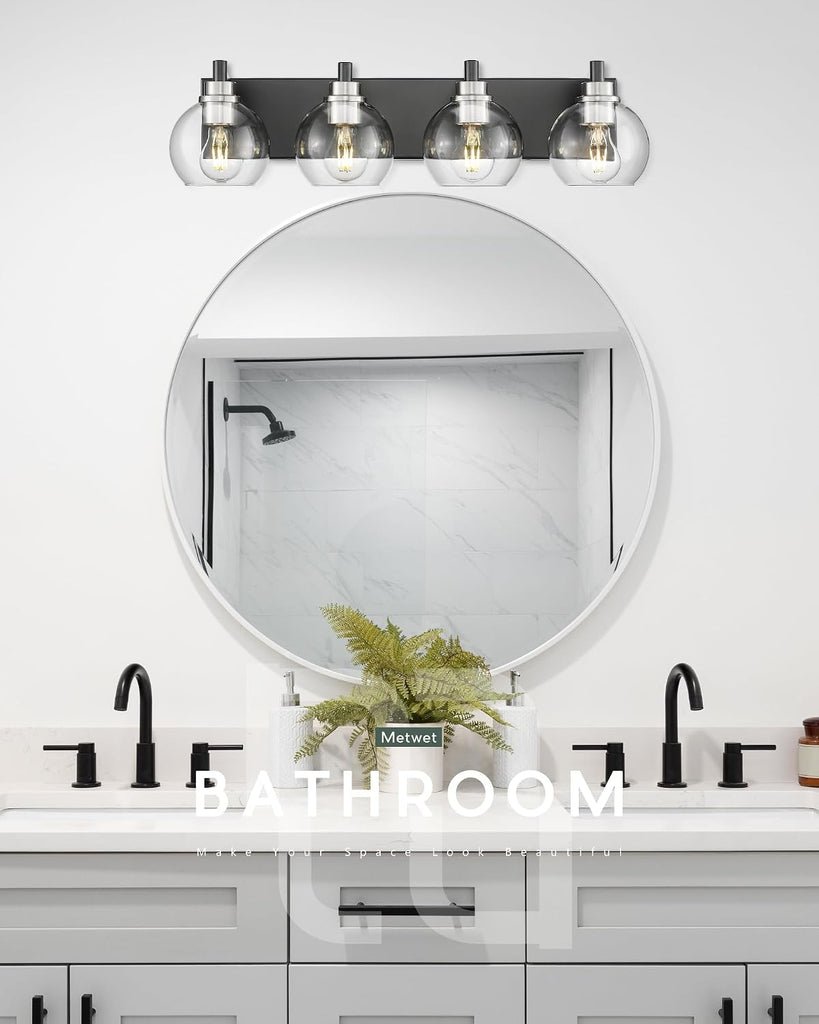 4-Light Black and Nickel Bathroom Vanity Light, Clear Glass Globes | Ideal for 30-40" mirrors, 26" modern bathroom