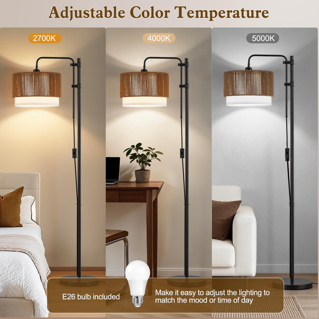 Rattan Floor Lamp, Adjustable Height Standing Lamp