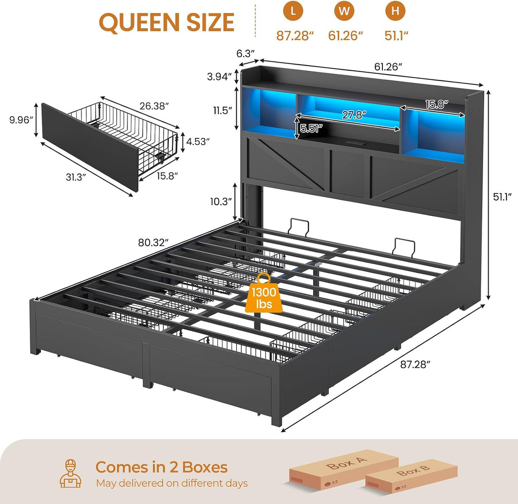 Queen Bed Frame with 6 Storage Drawers, Farmhouse Bed Frame Queen with Bookcase Headboard, LED Lights & Charging