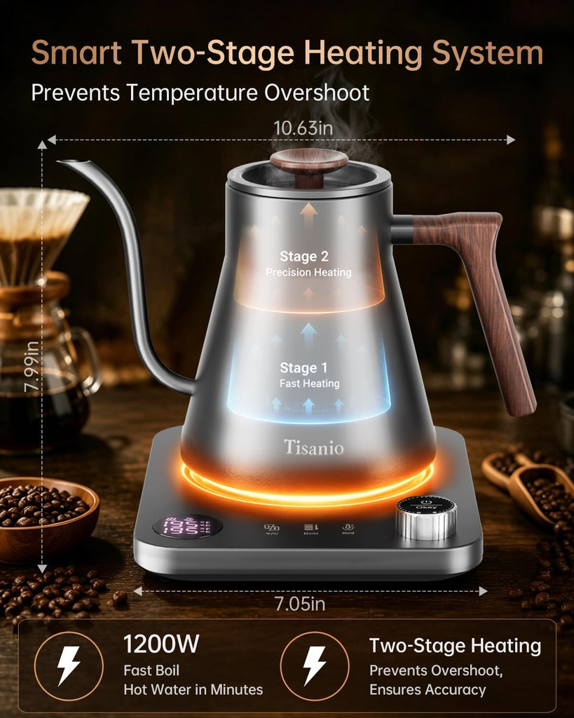 Gooseneck Electric Kettle with Temperature Control, 0.9L, Gray Wood