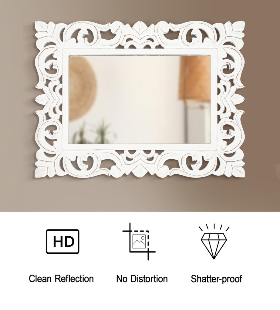 Lightnpro Hand Carved Rectangular Wall Mirror - 18×24 Inch Rustic Farmhouse Wood Frame with Antique White Finish