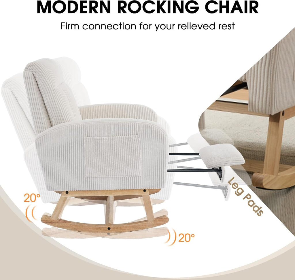 Nursery Rocking Chair, Corduroy Upholstered Rocking Chair with Adjustable Footrest, Tufted Rocker Chair with Side