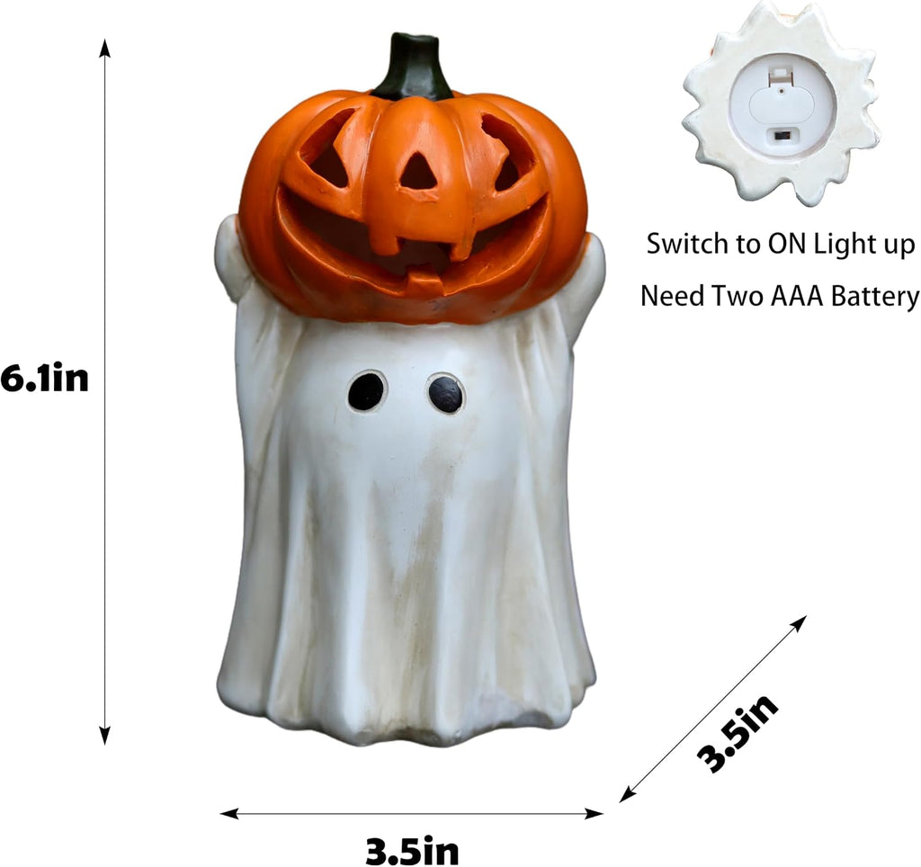 Halloween Ghost Decoration with Light-Up Jack-o'-Lantern Head,Cute Little White Ghost Holding Mini Pumpkin
