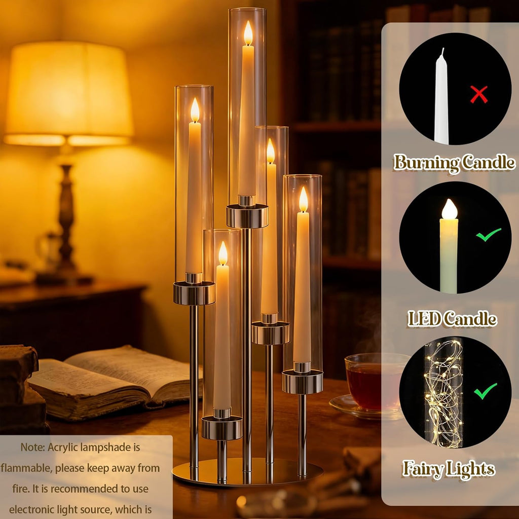 2 Pcs 5-Arm Silver Metal Table Candelabra Centerpiece, 22" Tall Clear Candlesticks Holder with Shade for Valentines
