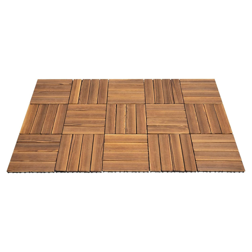 36 Pack Hardwood Interlocking Patio Deck Tiles with High-Temperature Carbonised Surface, Datchable Patchwork Wood Floor
