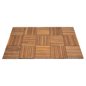 36 Pack Hardwood Interlocking Patio Deck Tiles with High-Temperature Carbonised Surface, Datchable Patchwork Wood Floor