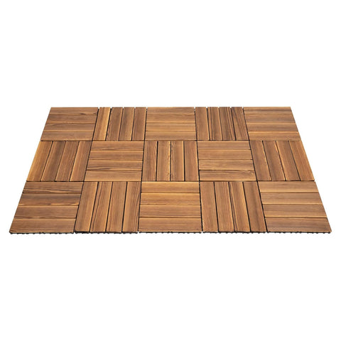 36 Pack Hardwood Interlocking Patio Deck Tiles with High-Temperature Carbonised Surface, Datchable Patchwork Wood Floor