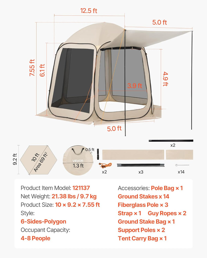Pop Up Screen House Tent 10 x 9.2 FT Pop-Up Screen Room with Awning, Portable Screen Tent Gazebo for 4-8 Person