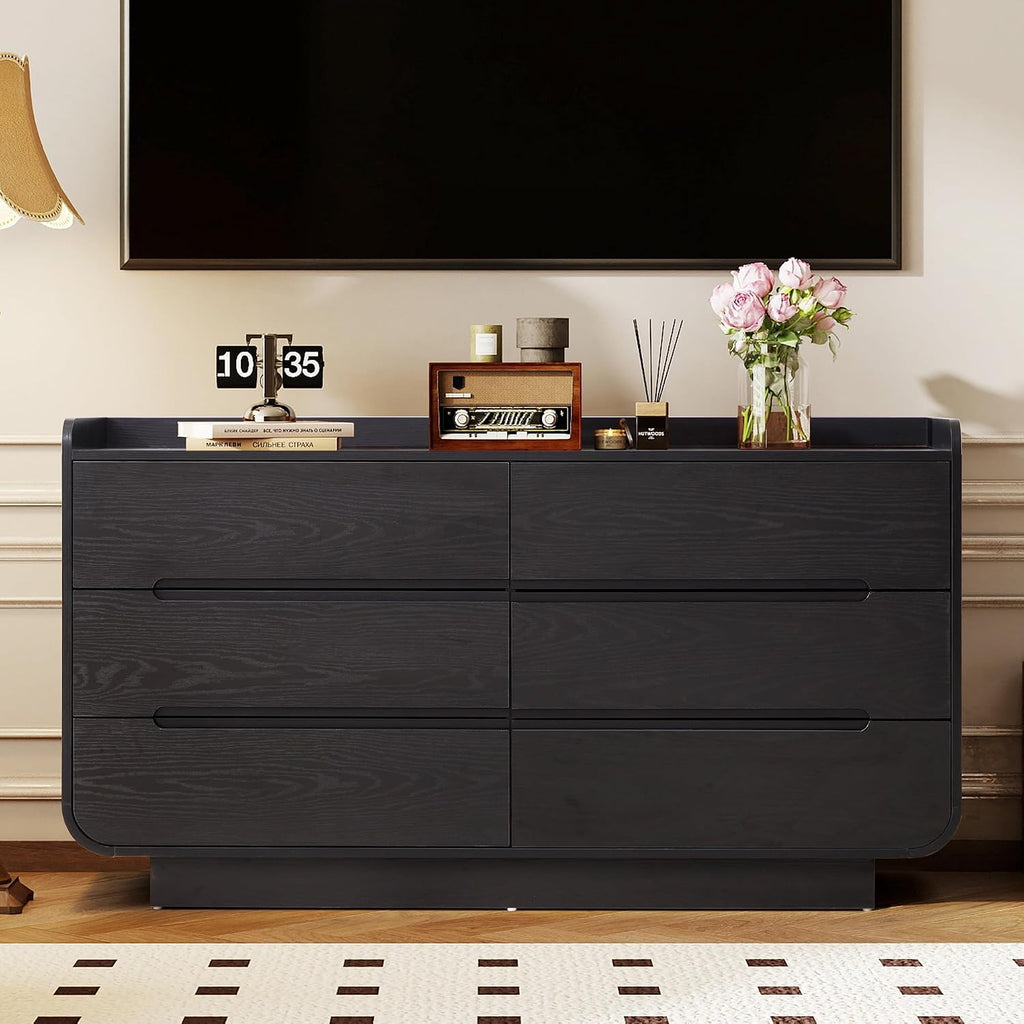 Curved 6 Drawer Dresser , Modern 53-Inch Chest of Drawers, Wood Storage Dresser Organizers with Hidden Handles, 6