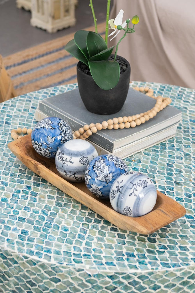 Set of 4 Porcelain Decorative Spheres - Handcrafted Blue and White Floral Orbs, Same Size, Decor, Tabletop Accent