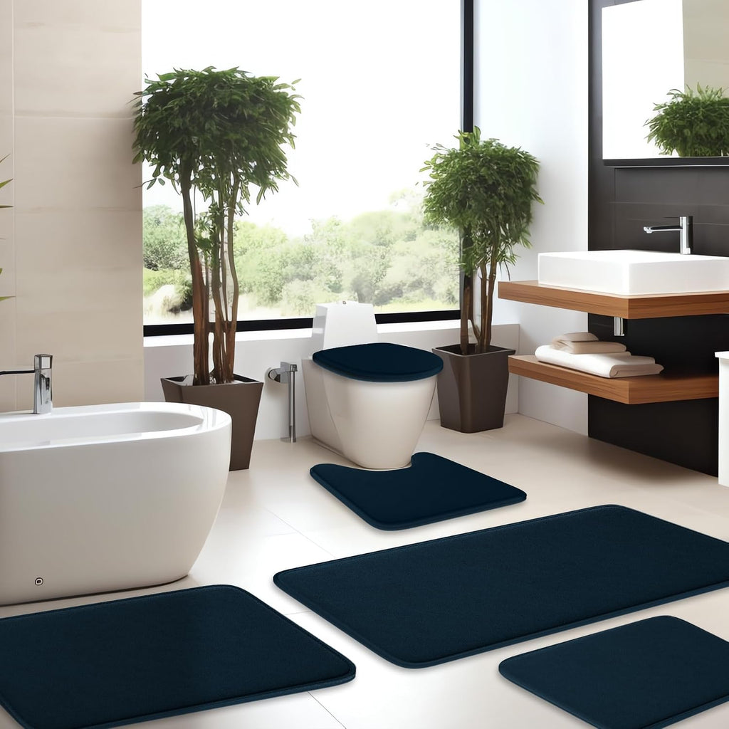 5-Piece Memory Foam Bathroom Rug Set, Non-Slip - Navy Blue | Machine Washable & Ultra-Soft Memory Foam Bath Mats.