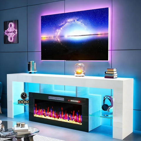 70 Inch Fireplace TV Stand for TVs up to 80 Inches, High Gloss Entertainment Center with 36 Inch Electric Fireplace, 7-Color LED Strip and Adjustable Glass Shelves, White