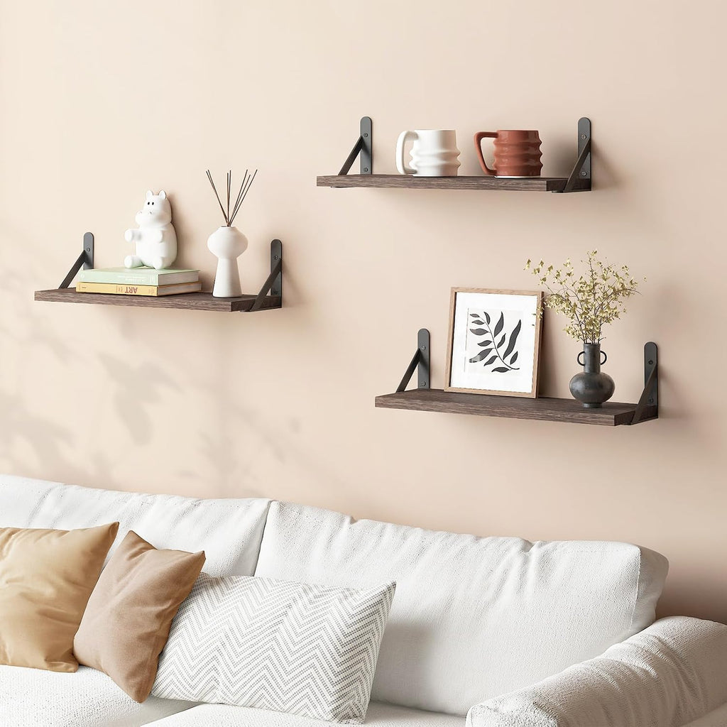 16.5in Floating Shelves for Wall Home Decor, Wood, Brown, Set of 6 | Rustic wood shelves with metal brackets.