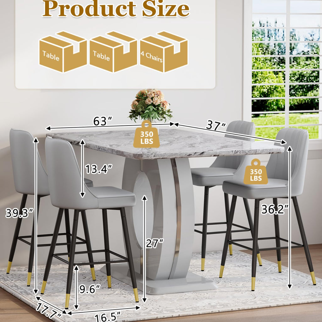 63'' Marble Dining Table Set for 6, Modern Counter Height Dining Table Set, Grey High Top Table with Leather Bar