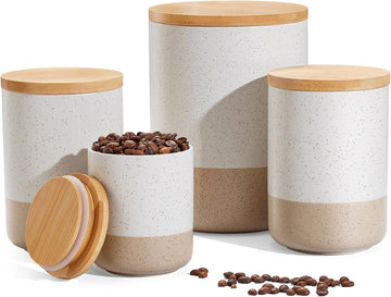 Canisters Sets Countertop Ceramic Kitchen Canisters Food Storage Jar with Airtight Wood Lids & Spoons & - Set of 4