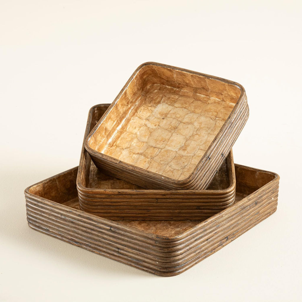 Innoq Square Decorative Ottoman Tray - 12 Inch Gold Capiz Shell & Rattan Serving Piece for Coffee Table Tray