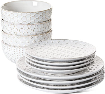 Plates and Bowls Sets for 4, 12 Piece Ceramic Dinnerware Sets, Modern Stoneware Kitchen Dish Set, Chip Resistant