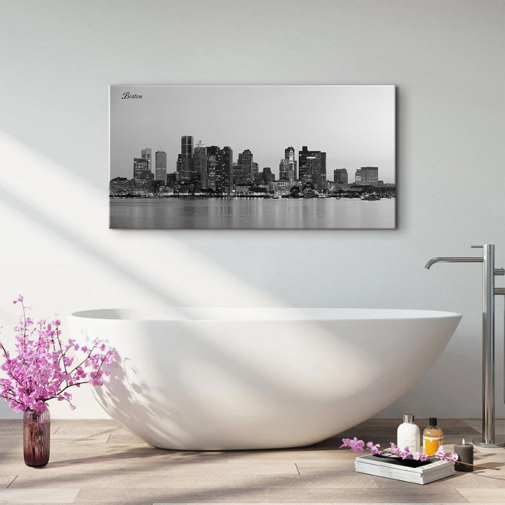 Boston Skyline Wall Art Black and White City Panoramic Canvas Prints Pictures Modern Night View Cityscape Posters