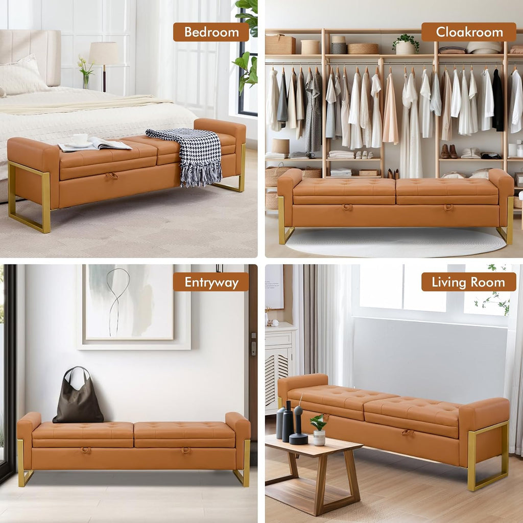 67" Storage Bench End of Bed King Size, Light Brown | Double Lids, Upholstered Faux Leather Storage Bench with Golden