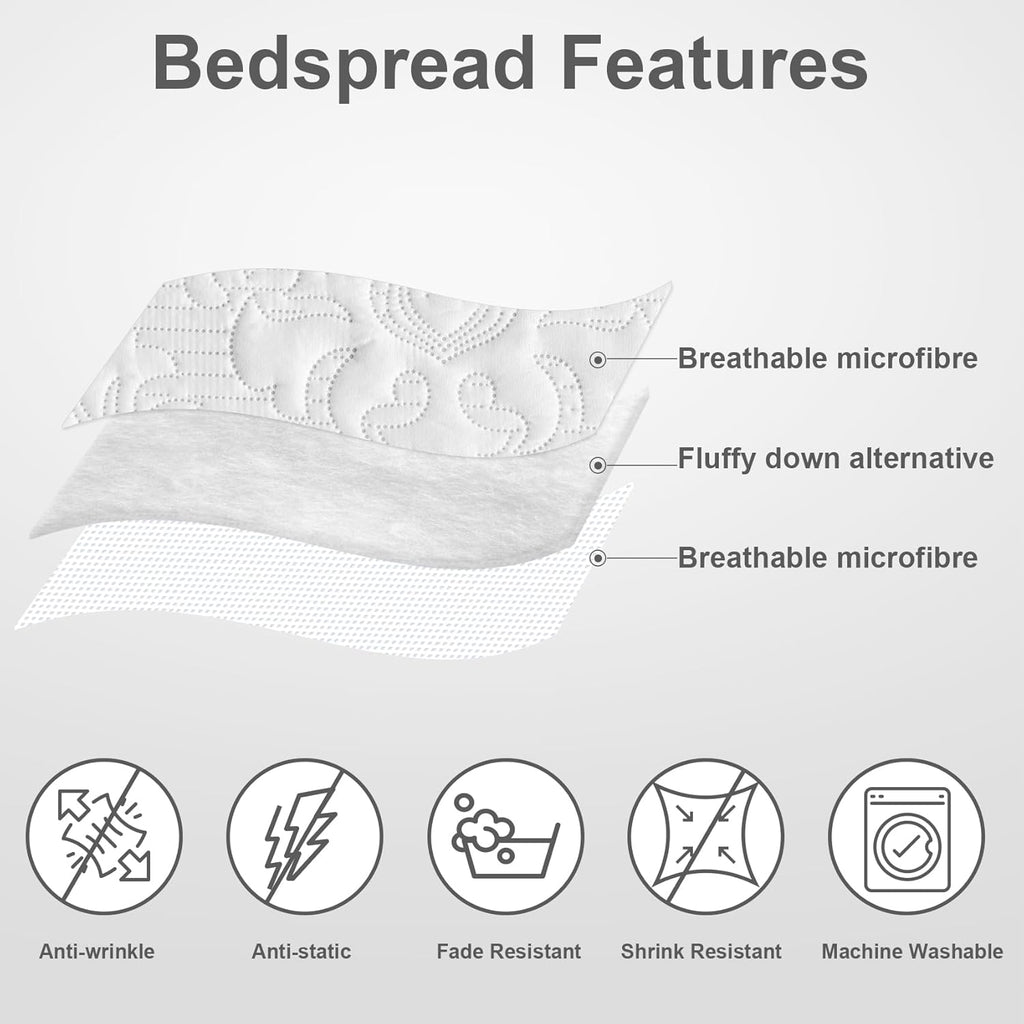 White Quilt - Ultrasonic Summer Bedspread, Soft Lightweight Coverlet Bedding Set, 3 Pieces (1 Quilt, 2 Pillowcases)