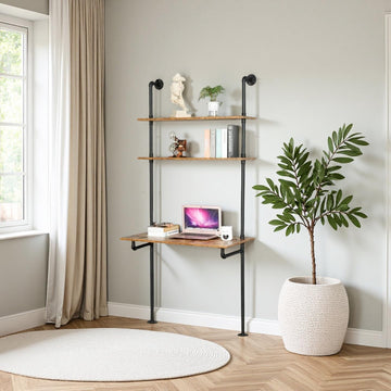 Wall Mounted Desk with Shelves, Industrial Ladder Style Floating Desk for Small Spaces, Computer Table with Storage