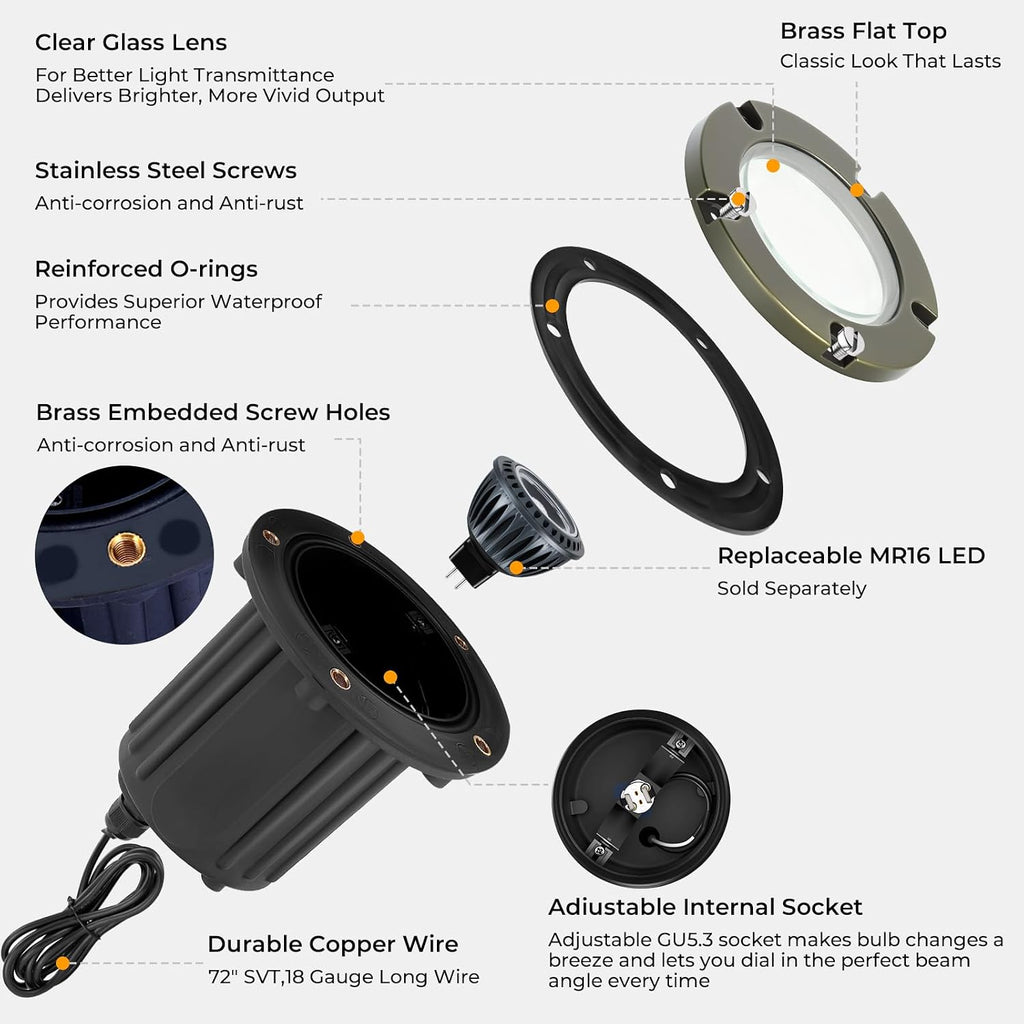 Brass Low Voltage Landscape Well Lights (5" Cover, 5.5" Tall), 12V LED Wired In-Ground Outdoor Up Lighting Fixture