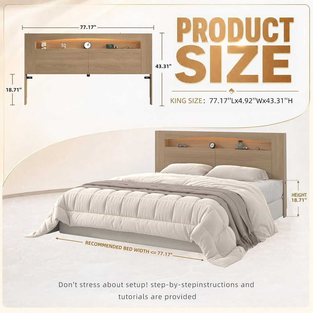 King Headboard Only Modern Sturdy Wooden Bed Backboard Wall Mounted Head Board, 3 Storage Zones, Unique Skirting