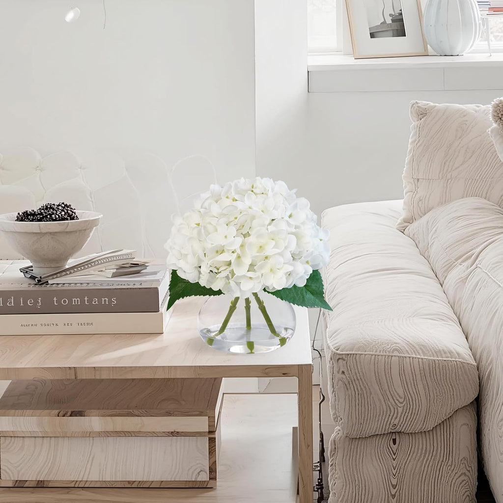 Hydrangea Artificial Flowers in Glass Vase, White Silk Fake Flowers Silk Centerpiece Table Decorations , Coffee Table