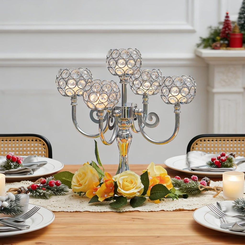 5 Arm Metal Crystal Candelabra Centerpiece - 13.4 Inch Elegant Candle Holder with Crystal Beadsable Decoration (4