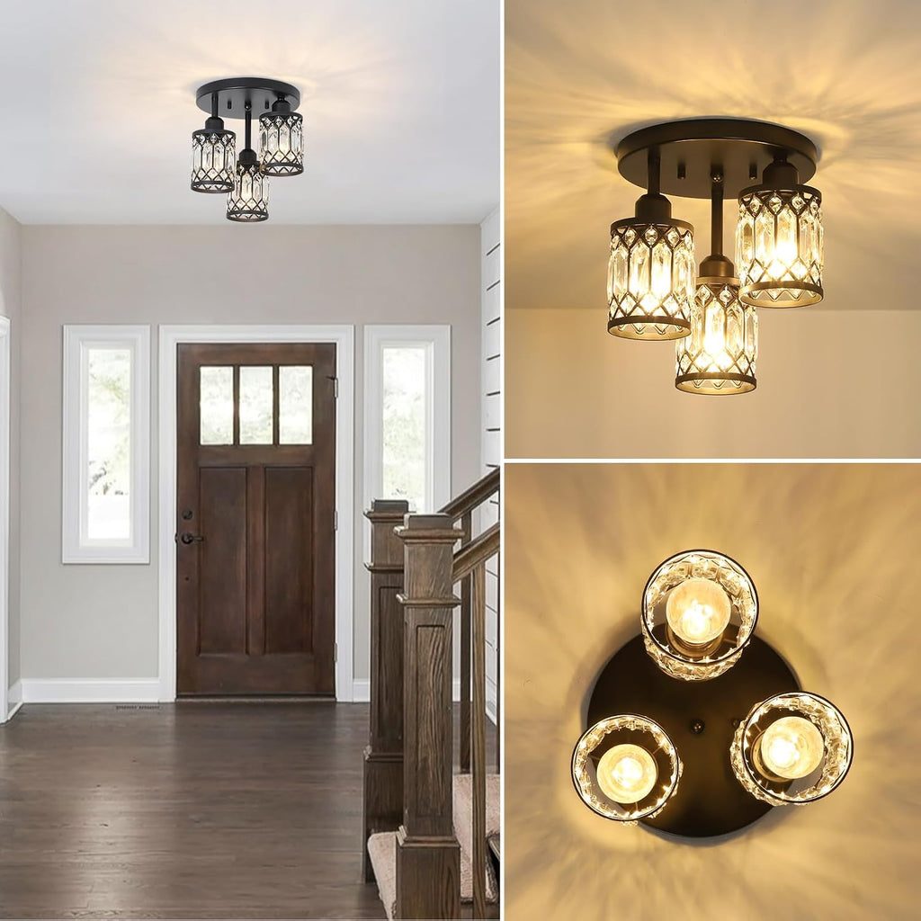 Semi Flush Mount Ceiling Light,3-Light Modern Crystal Close to Ceiling Light Fixtures, Black Kitchen Light Fixtures