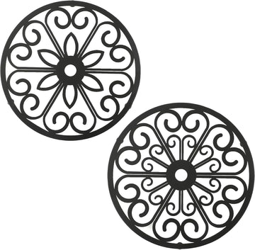 Decorative Round Flower Trivets - 7 Inch Iron Pot Pads, Black Elegant Kitchen and Dining Table Protector - Set of 2