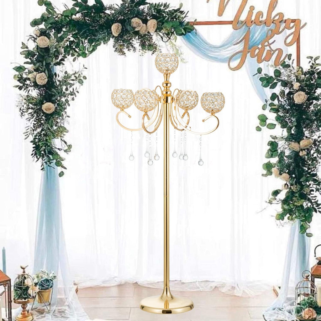 Gold Floor Candelabra for centerpieces, 45.3in Tall 5-Branch Candle Holder with Crystal Beaded Chandelier Holder Standon