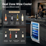 15 Inch Dual Zone Wine Fridge, 30 Bottle, Black 15” Wine Cooler Under Counter Fo