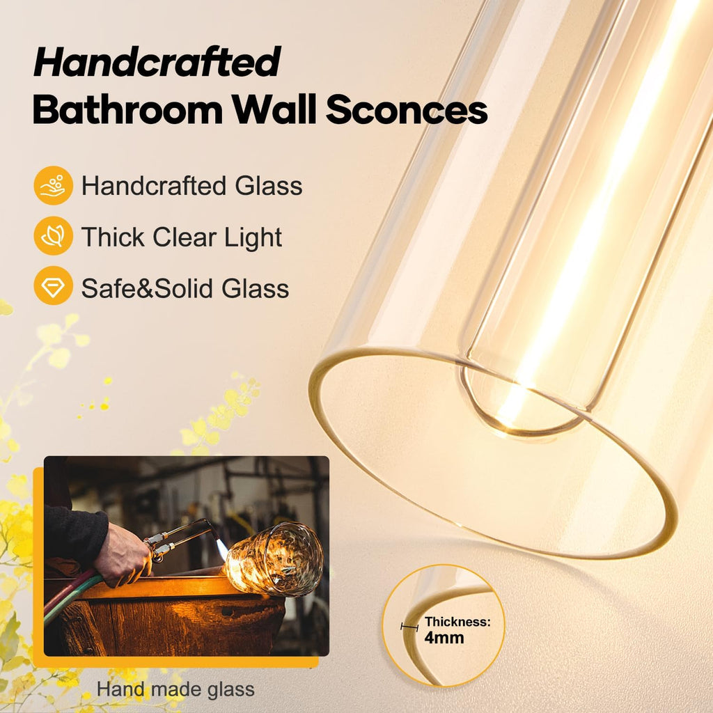 Wall Sconces Set of Two, Brushed Gold Bathroom Sconces Wall Lighting with Clear Glass, Hardwired Modern Sconces Wall