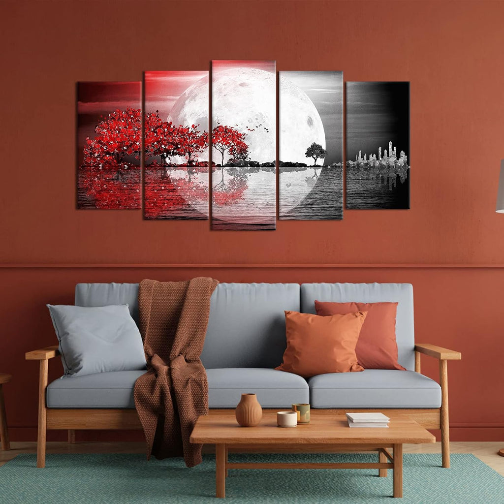 Large 5 Pieces Abstract Landscape Canvas Wall Art Black and White Full Moon Seascape Red Trees Painting Pritned on