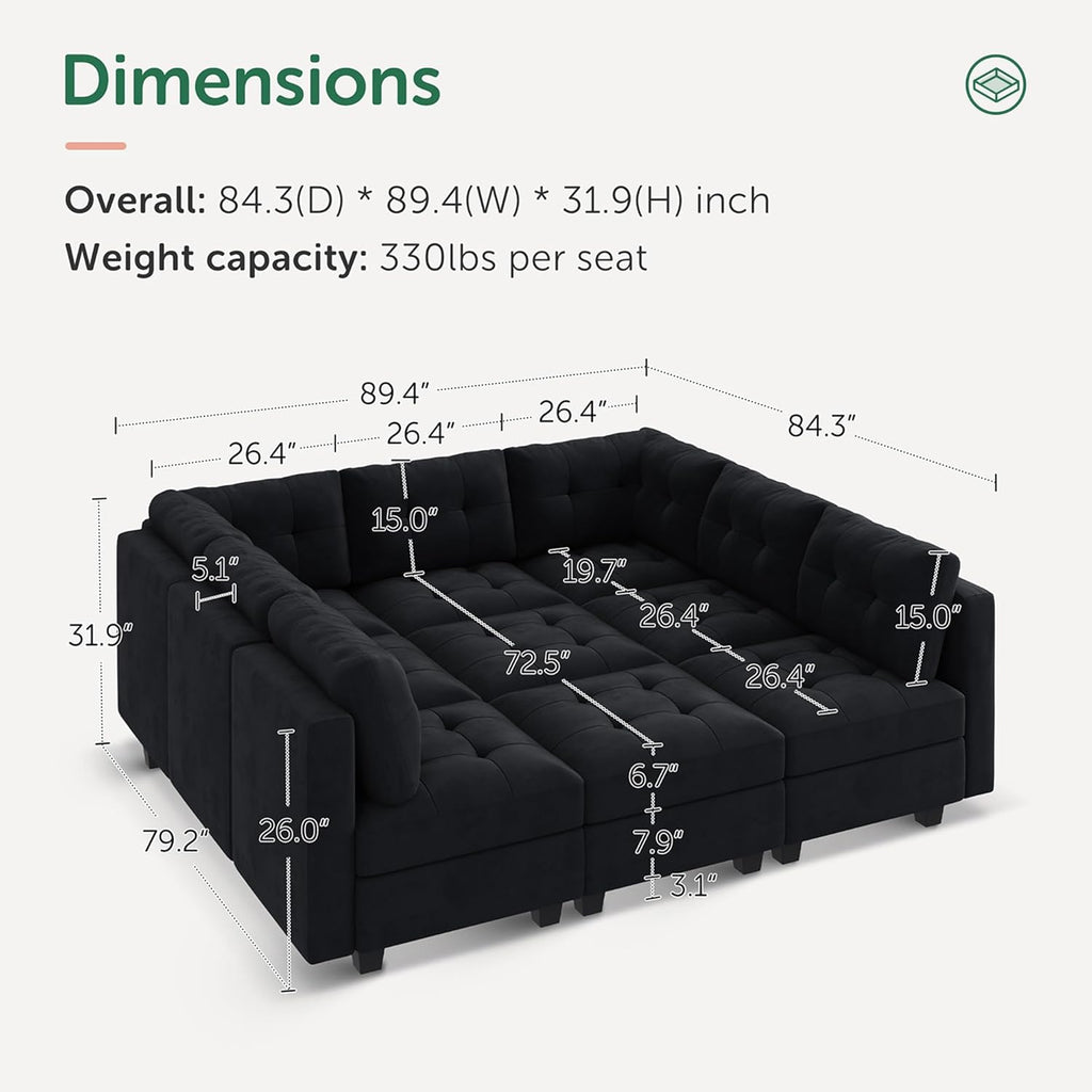 Sectional Couch with Storage, Modular Sectional Sofa, Velvet Couches for Living Room, Black