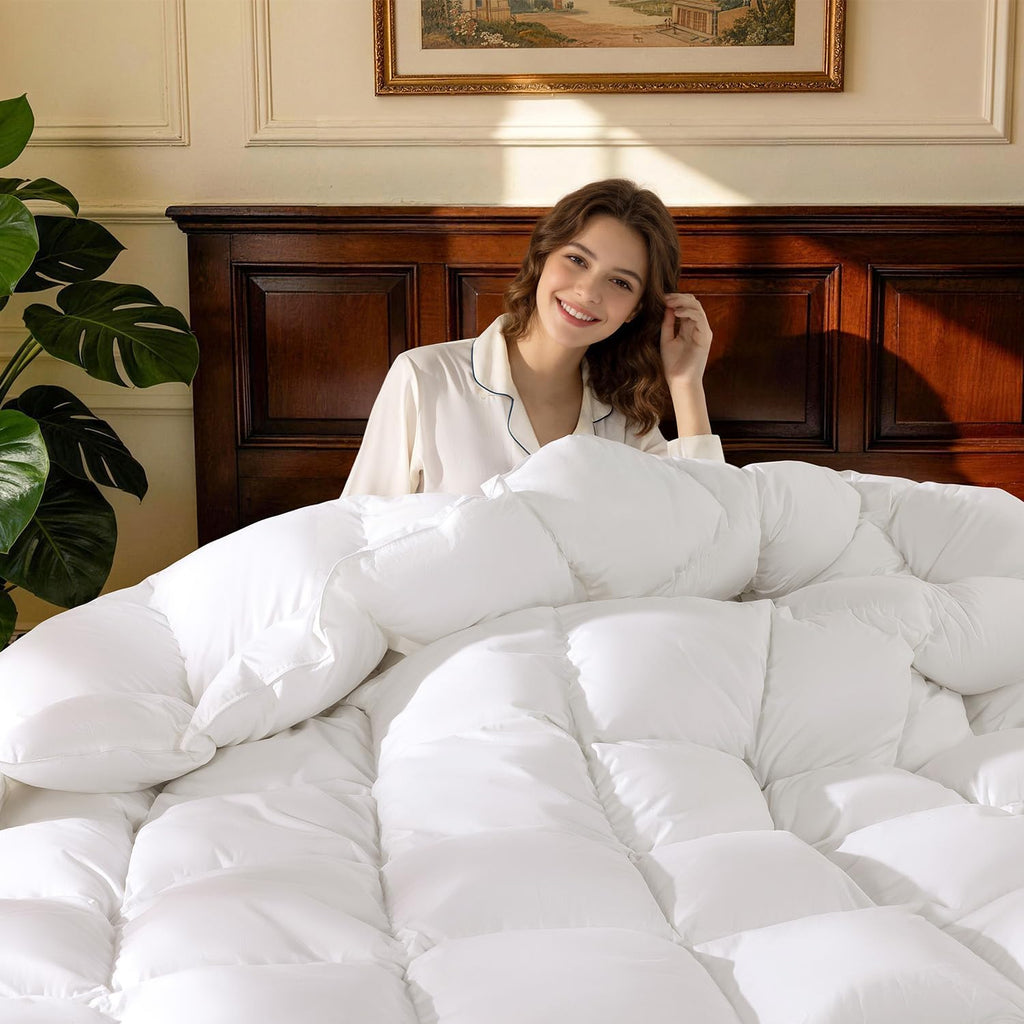 Goose Down Comforter Queen, 600 TC Cotton Cover, 850+ Fill Power, All Season Duvet Insert, 3D Baffle