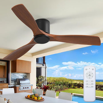 52 inch Ceiling Fans No Lights, Low Profile Ceiling Fan with Remote Control, Flush Mount, Reversible, 3 Wood Blades, 6 Speeds, Noiseless, Black Walnut Ceiling Fan for Indoor/Outdoor Use