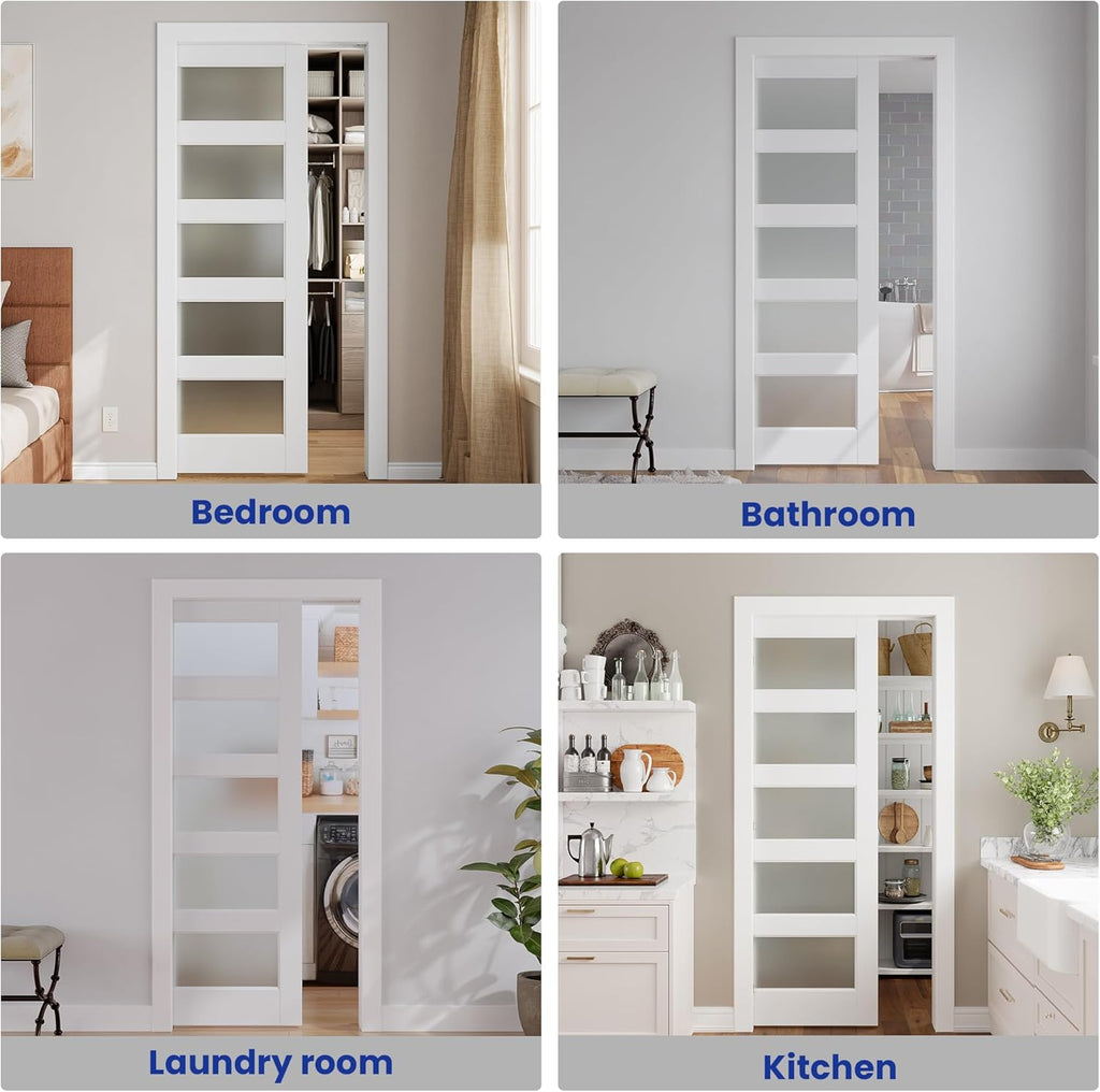 Sliding Pocket Door 24" x 80", 5-Panel Frosted Glass Panel with Soft Close Pocket Door Frame Kit, In