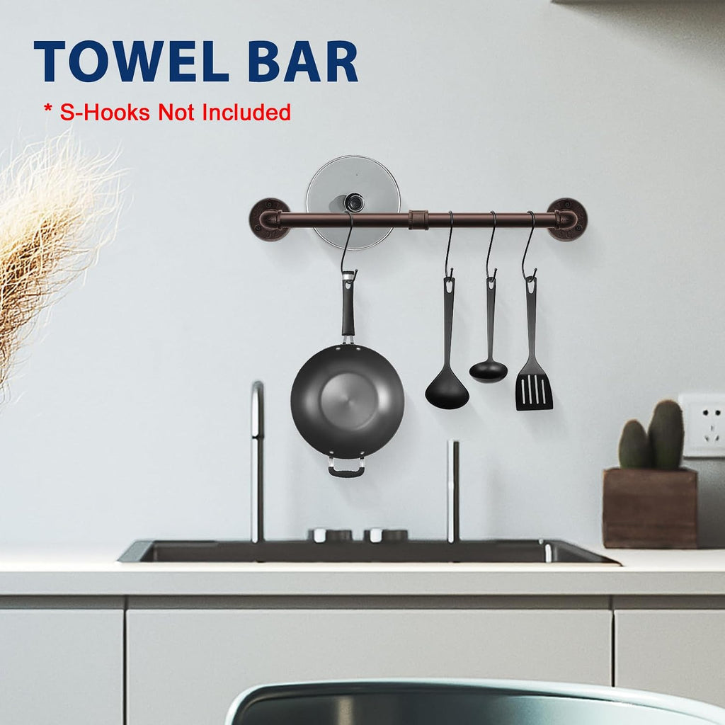 5-Pieces Industrial Pipe Bathroom Hardware Set, Include Towel Bar, Toilet Paper Holder and 3 Robe Hooks, Heavy Duty