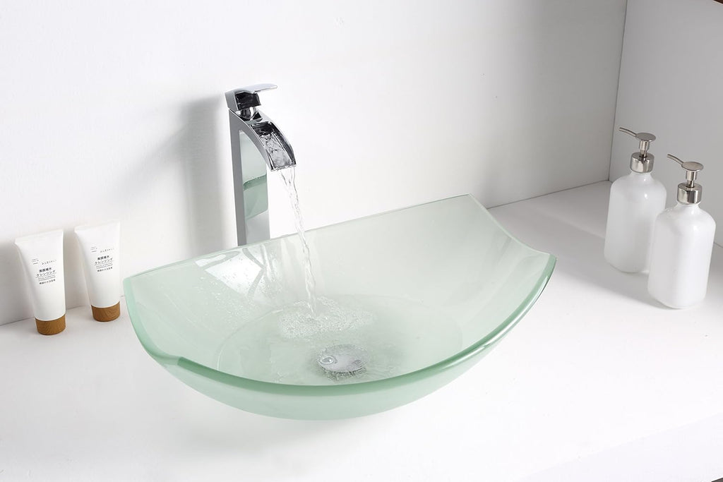 Pendant Modern Tempered Glass Vessel Bowl Sink in Lustrous Frosted, Top Mount Bathroom Sinks Above Counter