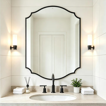 Black Bathroom Mirror, 32'' x 20'' Arched Mirror with Scalloped Metal Frame Decor, Modern Decorative Wall Mirrors