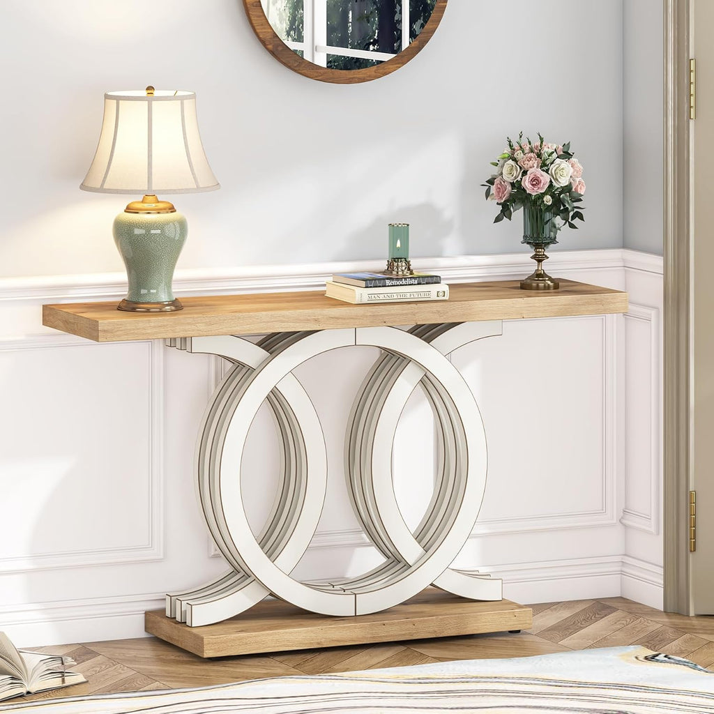 55 in Console Table with Geometric Base, Modern Hallway Table, Wooden Entryway Table, Foyer Sofa Table, Unique Long