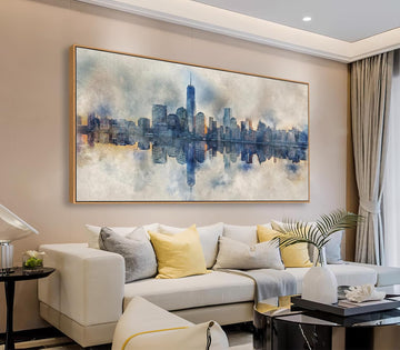 NYC Framed Canvas Wall Art Abstract Painting Wall Decor Indigo Blue Gray Panoramic Art Print New York Skyline