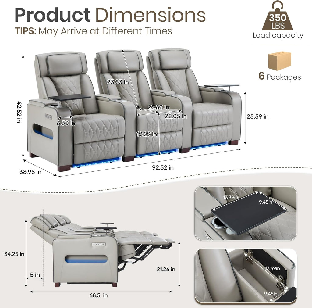 Home Theater Seating, Movie Theater Chairs Recliner Sofa with Power Headrest, Individual Electric Seat Control