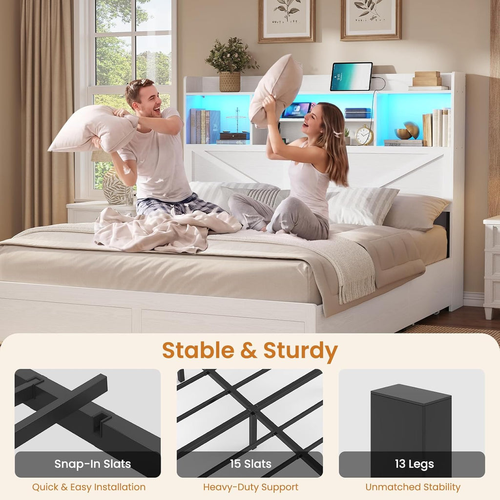 Queen Bed Frame with 6 Storage Drawers, Farmhouse Bed Frame Queen with Bookcase Headboard, LED Lights & Charging