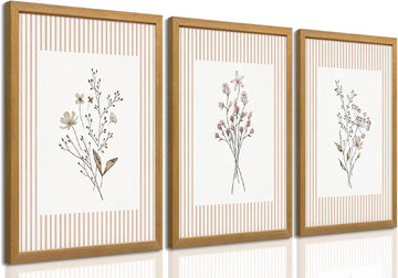 Neutral Wildflower Wall Art Set of 3, Vintage Botanical Floral Canvas Wall Decor, Rustic Cottagecore Striped Flower