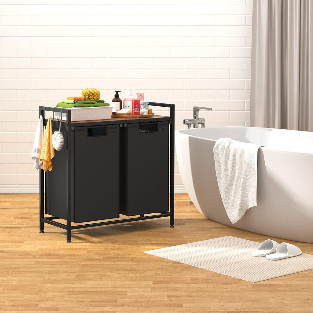 Double Laundry Hamper, Large Portable Laundry Basket, Laundry Sorter with Top Shelf and 2 Bag with Handle for Folding