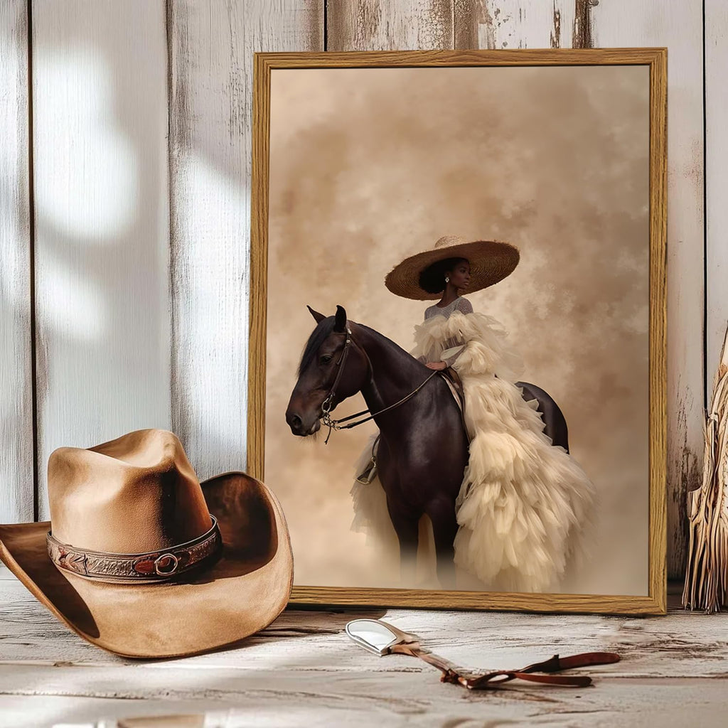 Framed Western Cowgirl Wall Art, Fashion Black Girl Riding Horse Canvas Wall Decor Painting, Black Woman African
