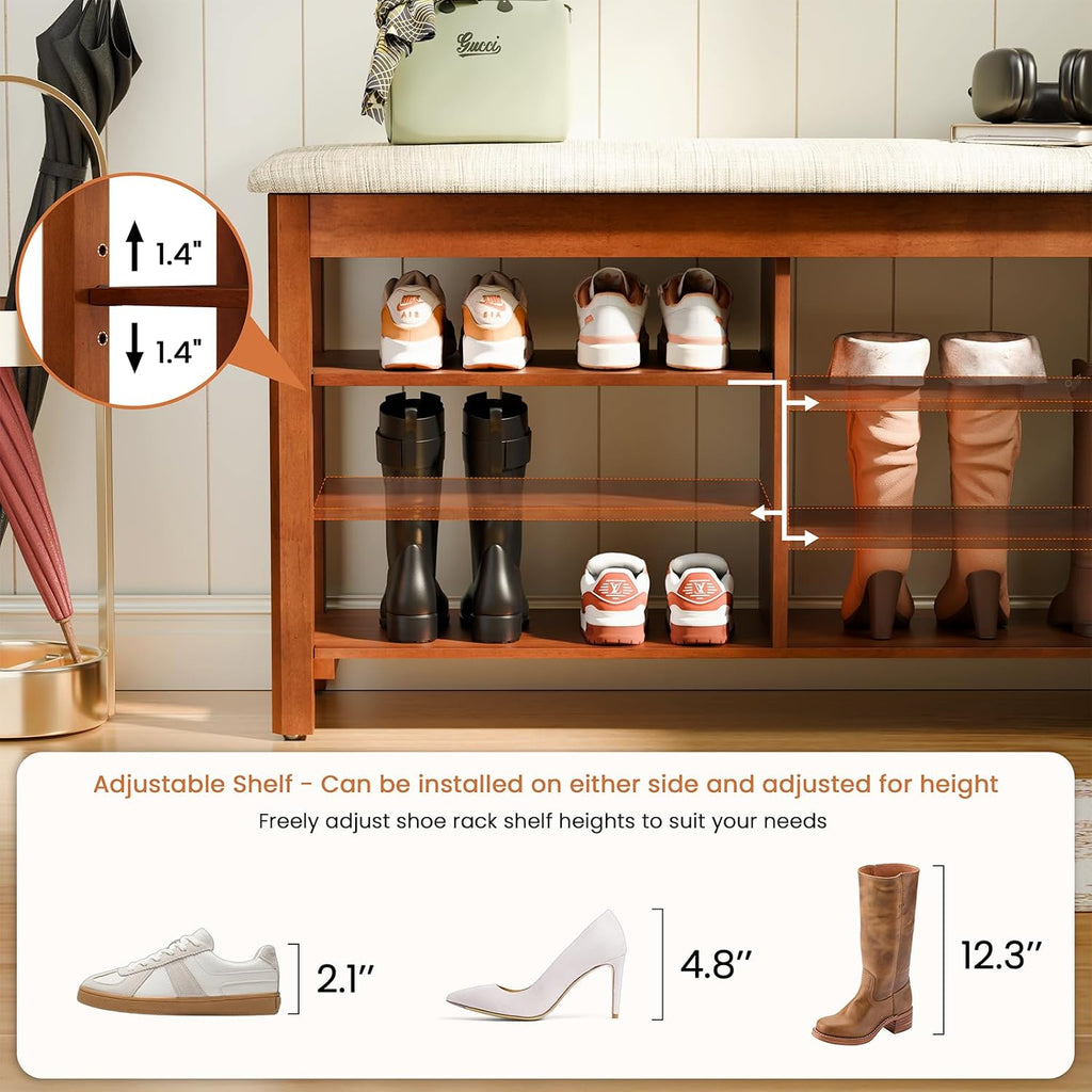 Shoe Rack Bench with Flip-Top Storage, Solid Wood Entryway Bench with Cushion, Adjustable Shelf, Shoe Organizer for
